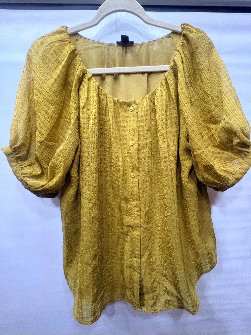 Ann Taylor Mustard Puff-Sleeve Button-Down Top